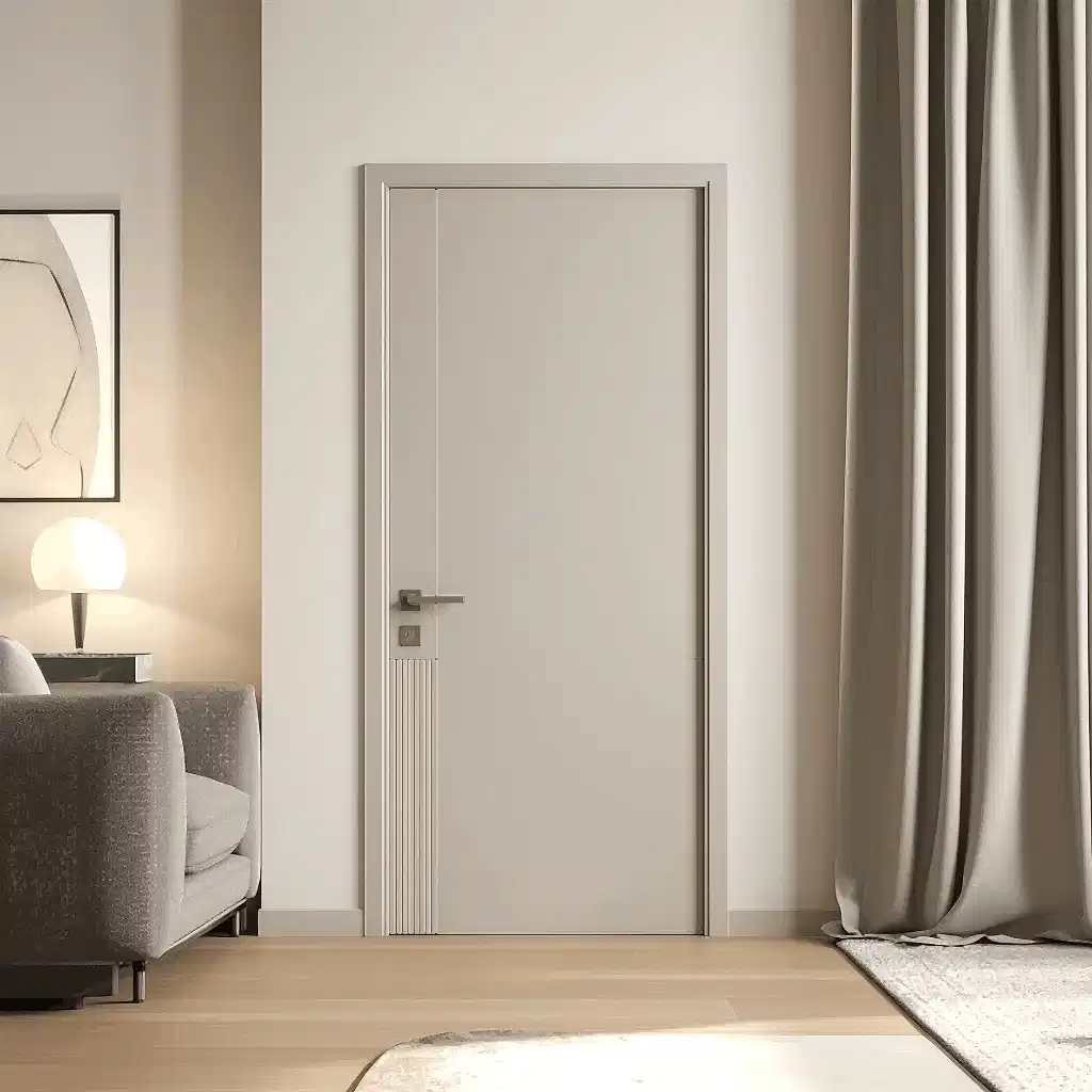 Modern mimariye uygun Bakı Uludor serisi lake iç oda kapısı tasarımı, gri tonlarda minimalist ev dekorasyonu ve yüksek kaliteli iç mekan kapı modelleri görünümü.